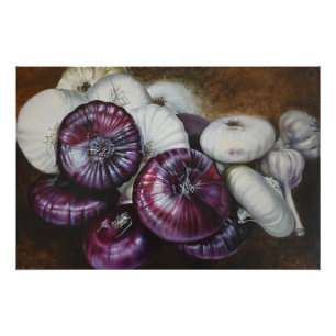 Rustikales Knoblauch- und Zwiebel-Stillleben – Fin Fotodruck