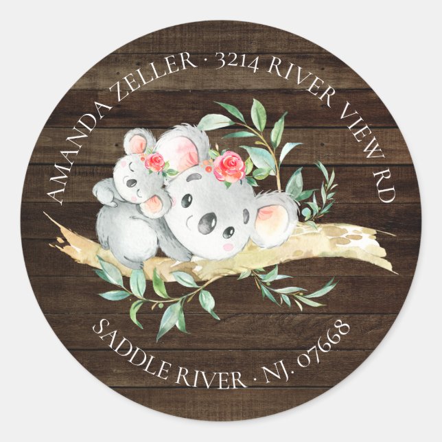 Rustikales Koala Bear Babydusche Rücksendeadresse  Runder Aufkleber (Vorderseite)