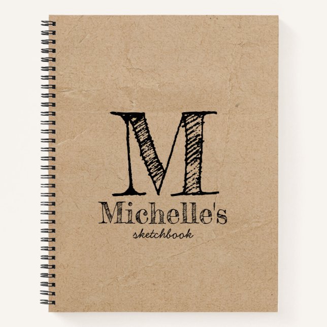 Rustikales Kraft Brown Paper Look Monogram Sketchb Notizbuch (Vorderseite)