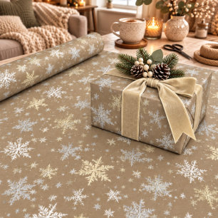Rustikales Kraft Gold & Weiße Schneeflocken Geschenkpapier