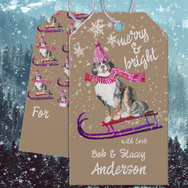 Rustikales Kraft Mountain Hund Merry & Bright Schl Geschenkanhänger (Rustic Kraft Mountain Dog Merry & Bright Sledding Christmas Holiday Gift Wrapping Name Tag
)
