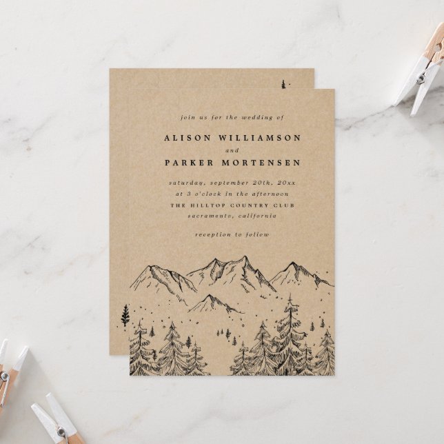 Rustikales Kraft Mountains & Pines Hochzeitliches  Einladung (Vorderseite/Rückseite Beispiel)