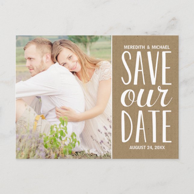 Rustikales Kraft Paper Foto Save the Date Ankündigungspostkarte (Vorderseite)