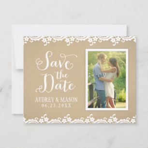 Rustikales Kraft- und Spitzen-HochzeitsFoto Save The Date