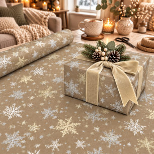 Rustikales Kraft Weiß Silber Gold Schneeflocken Geschenkpapier