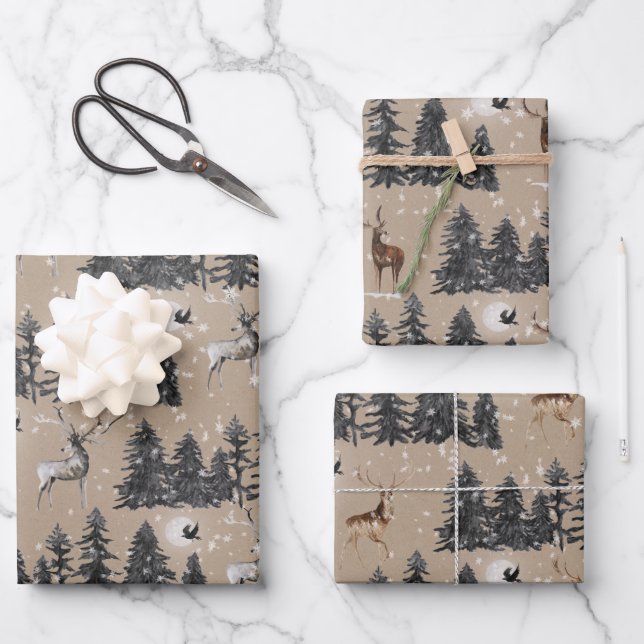 Rustikales Kraft Winterwald-Wald-Rentierwald Geschenkpapier Set (Vorderseite)