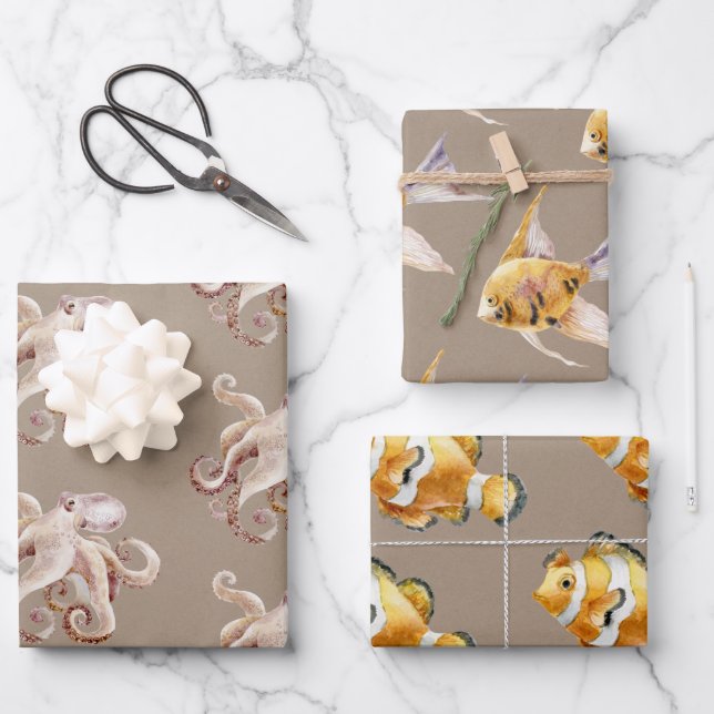 Rustikales Kraftpapier Aquarium 3 Geschenkpapier Set (Vorderseite)