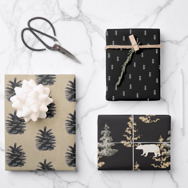 Rustikales Kraftpapier | Weihnachtsbaumskizze Mini Geschenkpapier Set (Vorderseite)