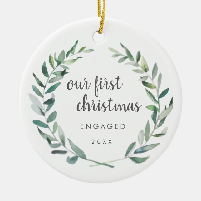 Rustikales Kranz-Foto Unser erstes Weihnachtsfest  Keramik Ornament (Vorne)