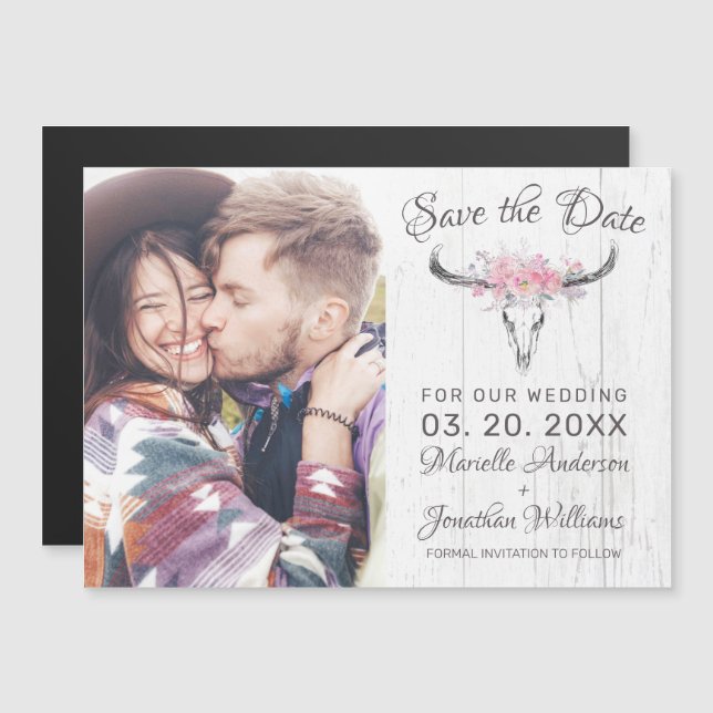 Rustikales Kuhhaut Blütenblättriges Foto Save the  Magneteinladung (Vorne/Hinten)