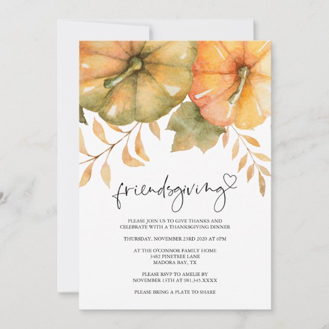 Rustikales Kürbis-Fall Friendsgiving Abendessen Einladung (Vorderseite)