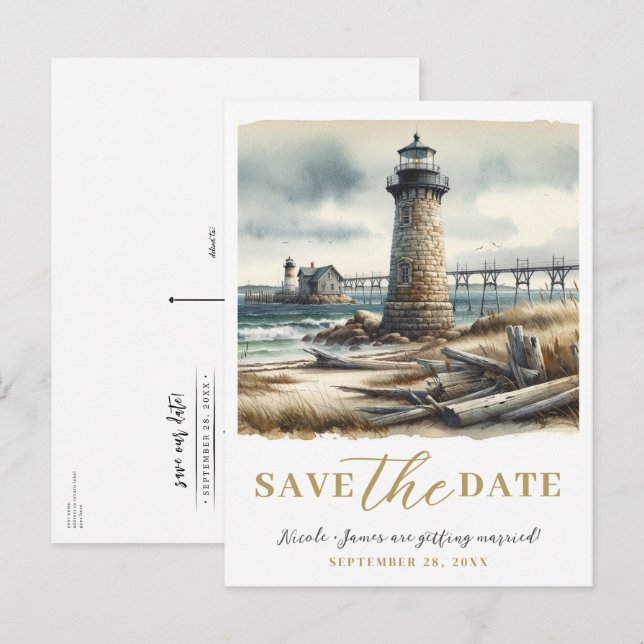 Rustikales KüstenLeuchtturm Save the Date Ankündigungspostkarte (Vorne/Hinten)