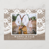 Rustikales l Burlap und Spitzen Save the Date Post