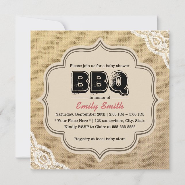 Rustikales Lace & Burlap Baby Dusche GRILLEN Party Einladung (Vorderseite)