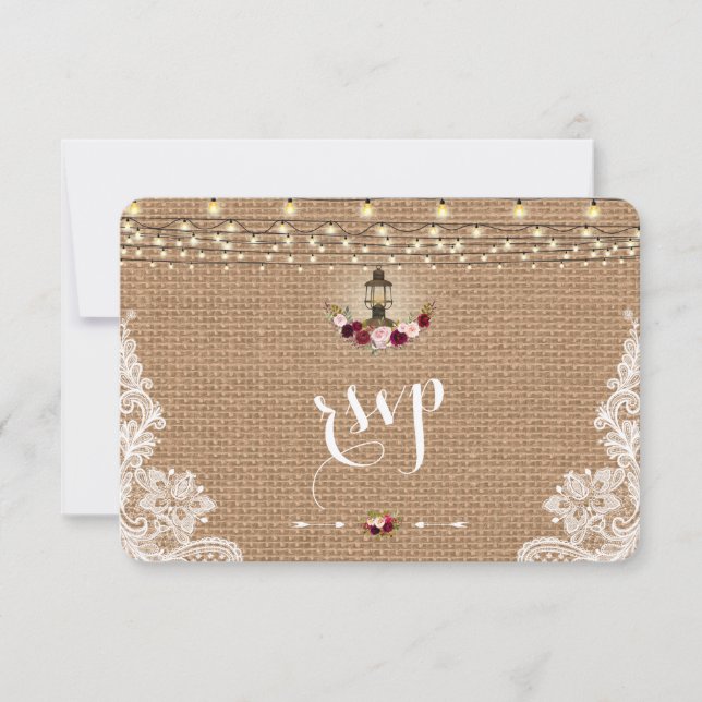 Rustikales Lace Burlap String Lights Wedding RSVP Karte (Vorderseite)