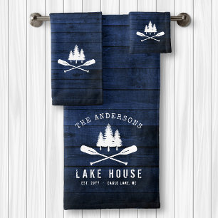 Rustikales Lake House Boat Oars Trees Blue Wood Pr Badhandtuch Set