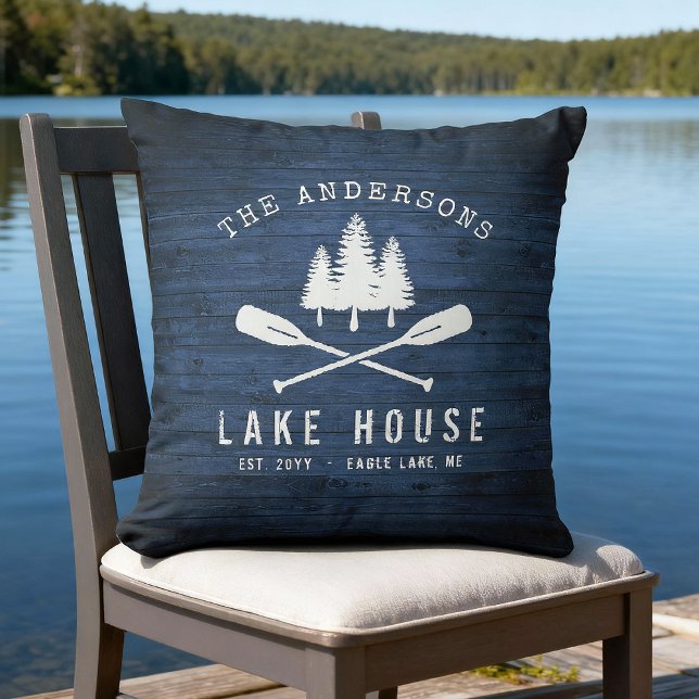Rustikales Lake House Boat Oars Trees Blue Wood Pr Kissen (Von Creator hochgeladen)