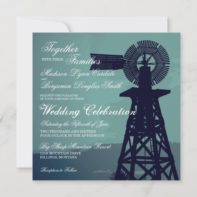 Rustikales Land Aqua Windmill Hochzeitseinladungen Einladung (Vorderseite)