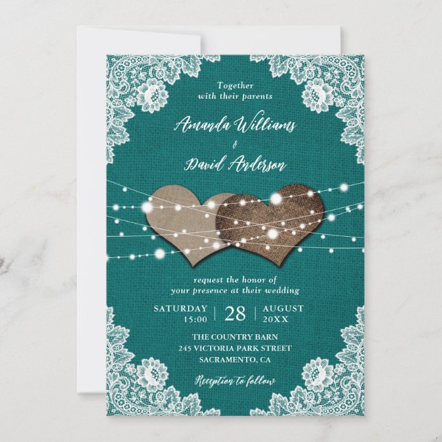Rustikales Land Aquamarin Burlap Lace Hochzeit Einladung (Vorderseite)