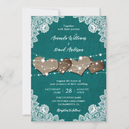 Rustikales Land Aquamarin Burlap Lace Hochzeit Einladung