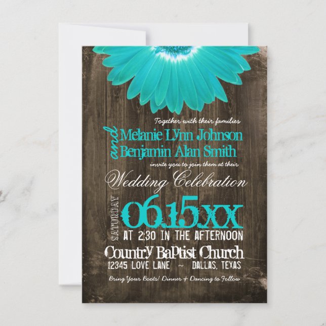 Rustikales Land Aquamarin Daisy Wood Wedding Einla Einladung (Vorderseite)