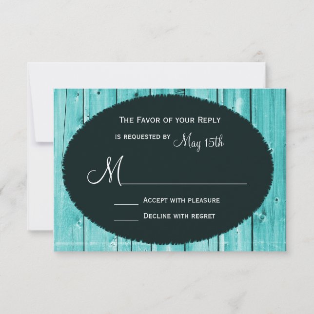 Rustikales Land Aquamarin Stallholz Hochzeitskarte RSVP Karte (Vorderseite)