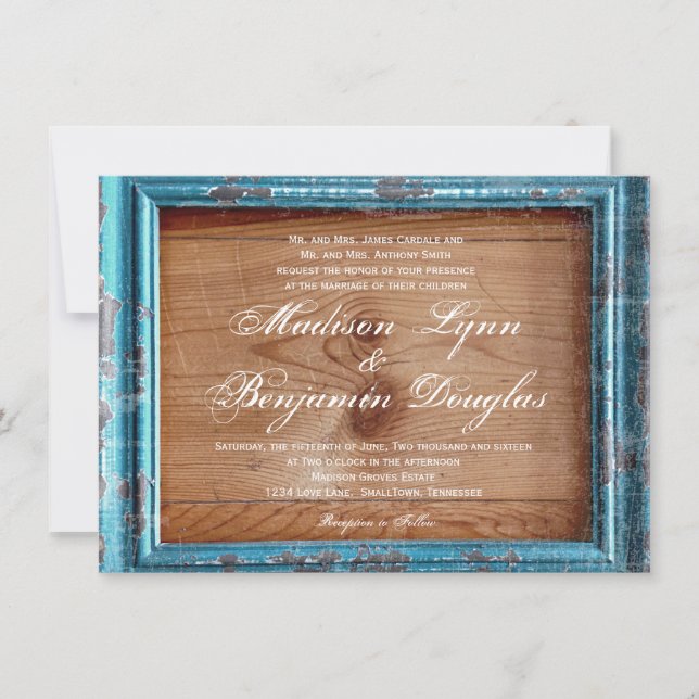 Rustikales Land Aquamarine Rahmen Holz Hochzeitsei Einladung (Vorderseite)