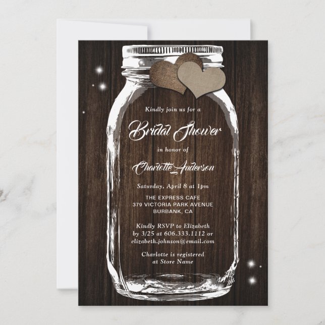 Rustikales Land Bard Wood Mason Jar Brautparty Einladung (Vorderseite)