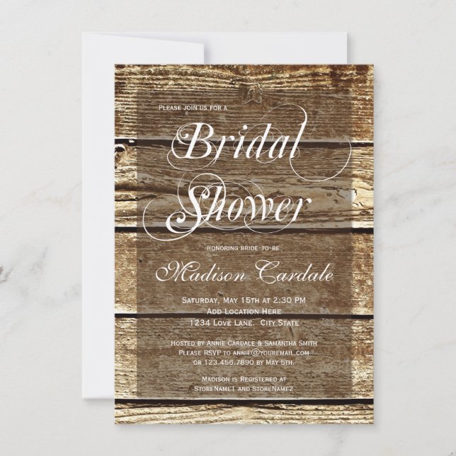 Rustikales Land Barn Wood Bridal Dusche Einladunge Einladung (Vorderseite)