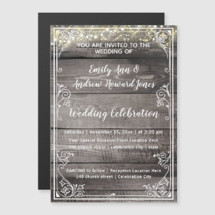 Rustikales Land Barn Wood Fairy Lights Hochzeit Magneteinladung