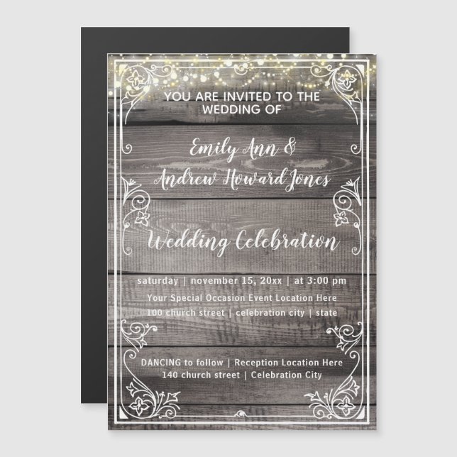 Rustikales Land Barn Wood Fairy Lights Hochzeit Magneteinladung (Vorne/Hinten)