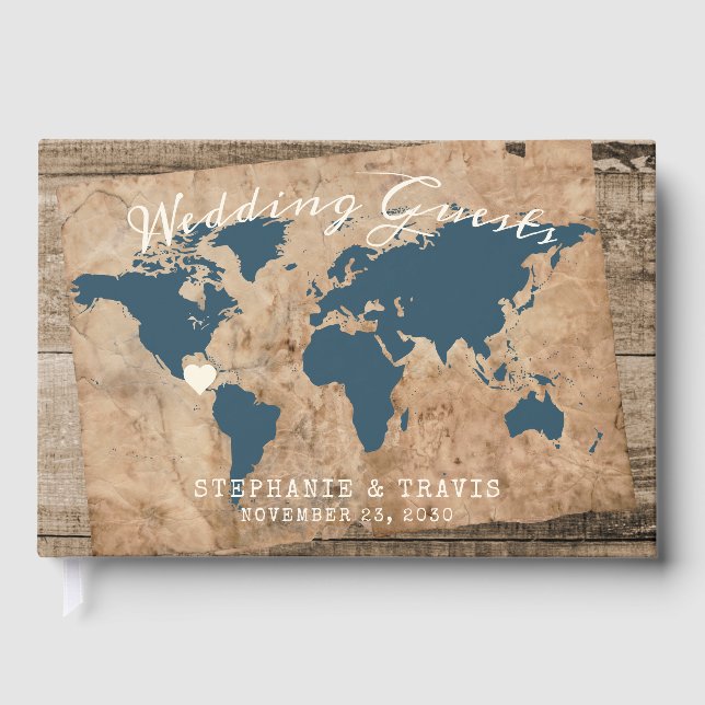 Rustikales Land Barn Wood Weltkarte Thema Gästebuch (Vorderseite)