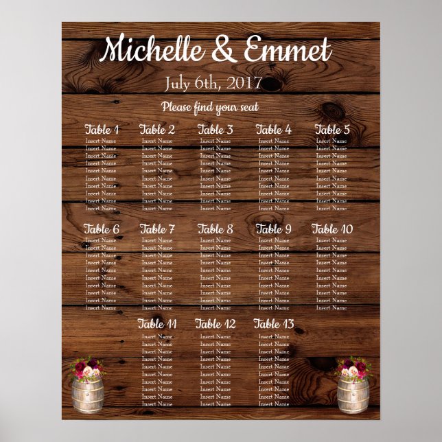 Rustikales Land Barrel Boho Hochzeitsdiagramm Poster (Vorne)