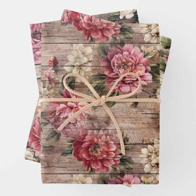 Rustikales Land bedrückt Holz rosa Florals Geschenkpapier Set (Beispiel)