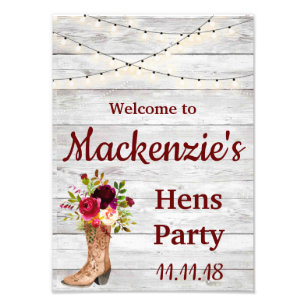 Rustikales Land Boho Hens Party Marsala Begrüßung Fotodruck