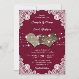 Rustikales Land Burgund Burlap and Lace Wedding Einladung