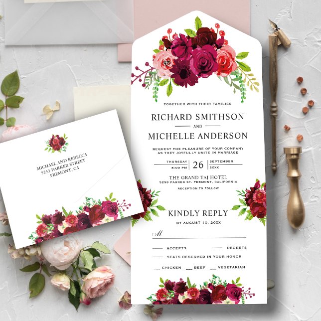 Rustikales Land Burgund Floral Bouquet Wedding All In One Einladung (Von Creator hochgeladen)