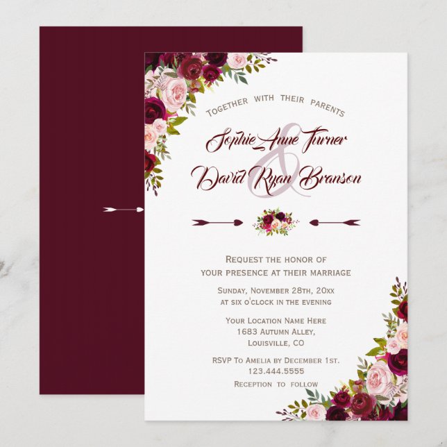 Rustikales Land Burgund Marsala Floral Wedding Einladung (Vorne/Hinten)