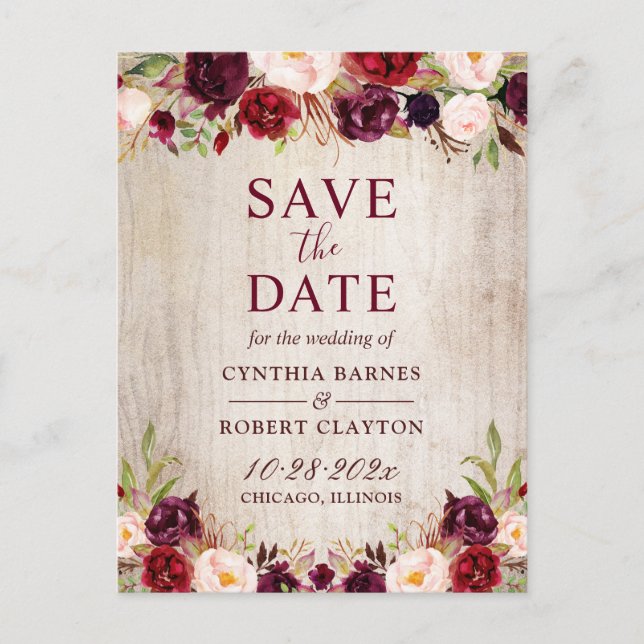 Rustikales Land Burgund Rote Flora Save the Date Postkarte (Vorderseite)