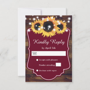 Rustikales Land Burgundy Wood Sunflower Wedding RSVP Karte