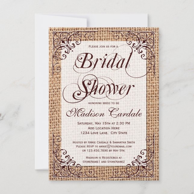 Rustikales Land Burlap Bridal Dusche Einladungen (Vorderseite)