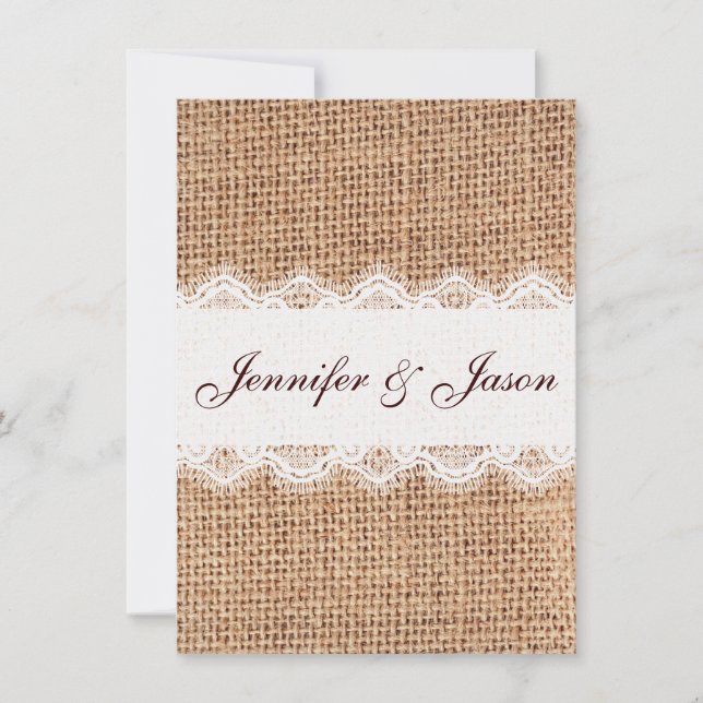 Rustikales Land Burlap Lace Hochzeitseinladungen Einladung (Vorderseite)