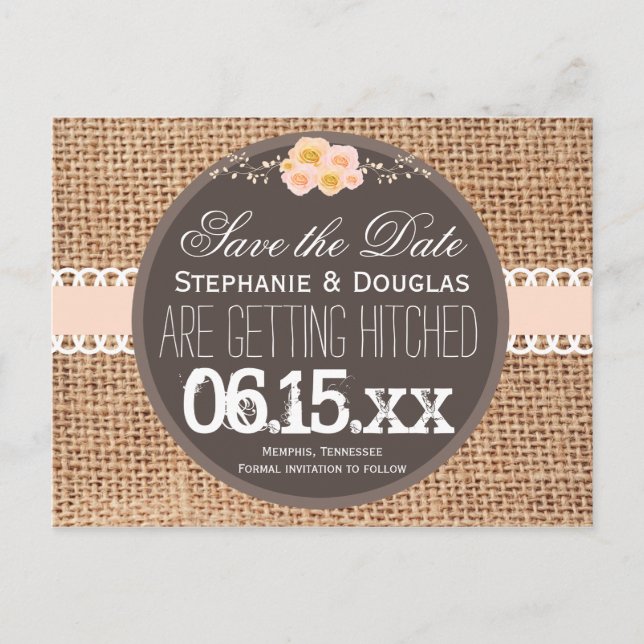 Rustikales Land Burlap Lace Save the Date Postkart Ankündigungspostkarte (Vorderseite)