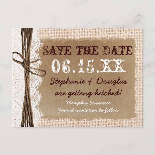 Rustikales Land Burlap Lace Save the Date Postkart Ankündigungspostkarte (Vorderseite)