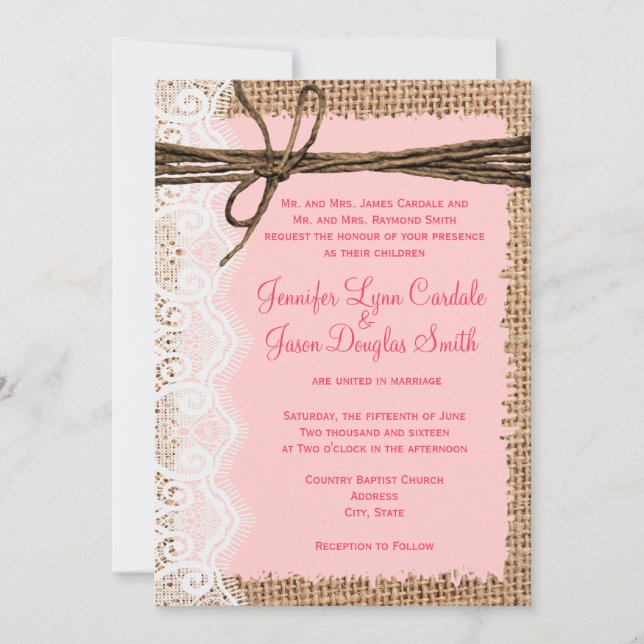 Rustikales Land Burlap Lace Twine Hochzeit Einladu Einladung (Vorderseite)