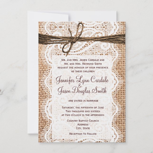 Rustikales Land Burlap Lace Twine Hochzeit Einladu Einladung (Vorderseite)
