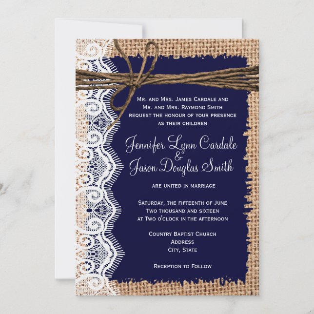 Rustikales Land Burlap Lace Twine Hochzeit Einladu Einladung (Vorderseite)