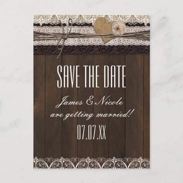 Rustikales Land Burlap Lace & Wood Wedding Postkar Ankündigungspostkarte (Vorderseite)
