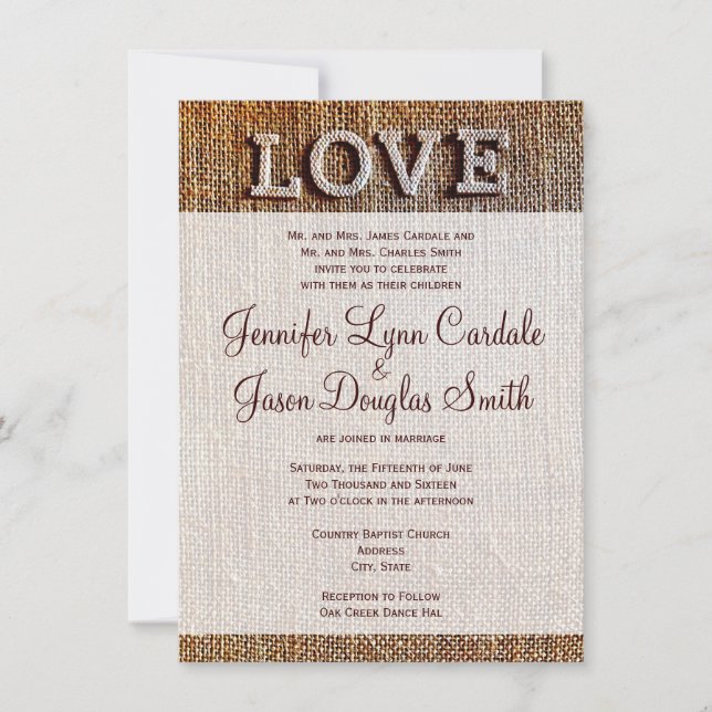 Rustikales Land Burlap LIEBE Hochzeitseinladungen Einladung (Vorderseite)