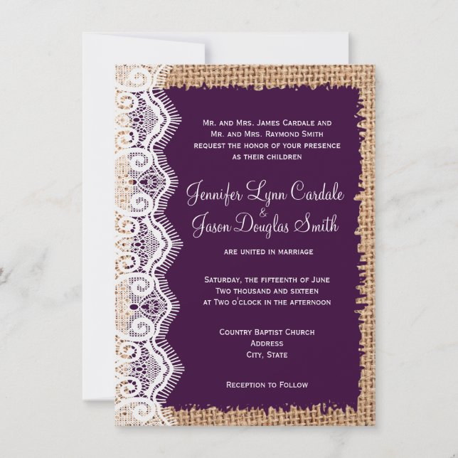 Rustikales Land Burlap Lila Hochzeitseinladungen Einladung (Vorderseite)
